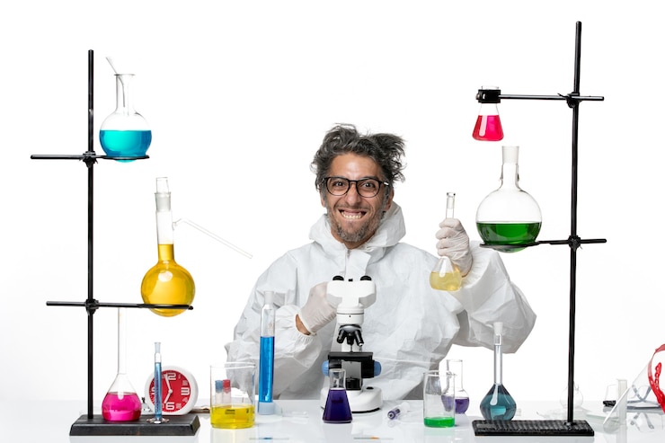 Gratis Foto vooraanzicht gekke mannelijke wetenschapper in speciaal beschermend pak rond de tafel zitten met oplossingen op witte achtergrond ziekte covid lab wetenschap virus