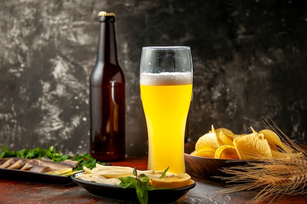 Vooraanzicht glas beer met kaas cips en vis op donkere foto snack wijn kleur alcohol vlees