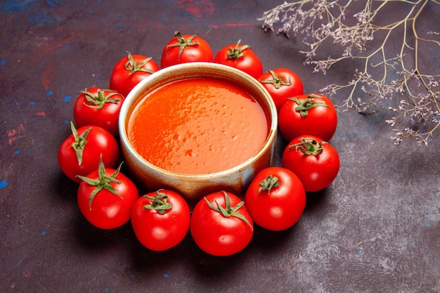 Gratis foto vooraanzicht heerlijke tomatensoep omcirkeld met verse rode tomaten op donkere ruimte