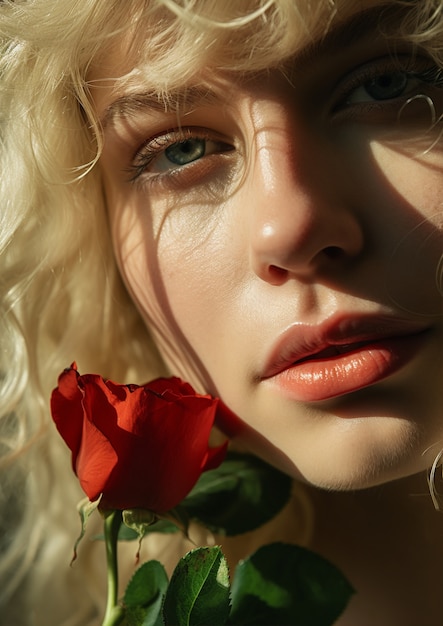 Vooraanzicht jonge vrouw poseren met roos