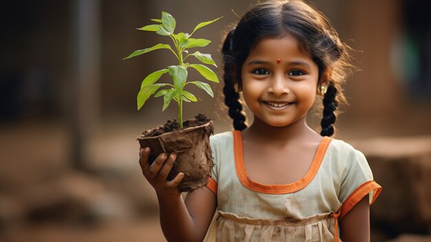 Vooraanzicht klein meisje met plant