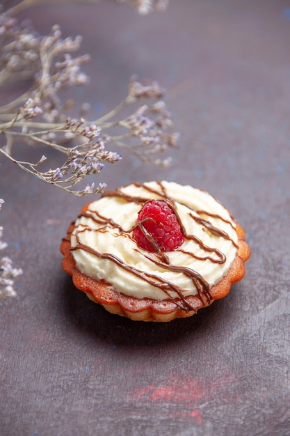 Gratis foto vooraanzicht klein romig cakedessert voor thee op de donkere achtergrond biscuit suiker cake zoete taart