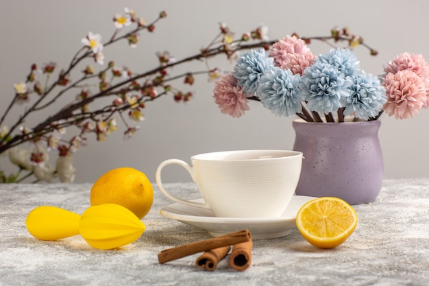 Vooraanzicht kopje thee met citroenen en kaneel op licht wit bureau