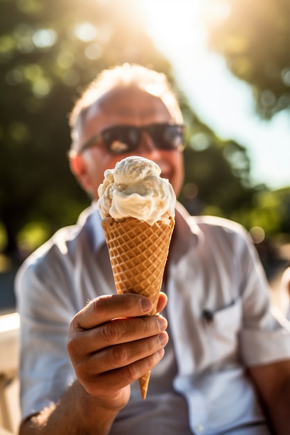 Gratis foto vooraanzicht man met heerlijk ijs