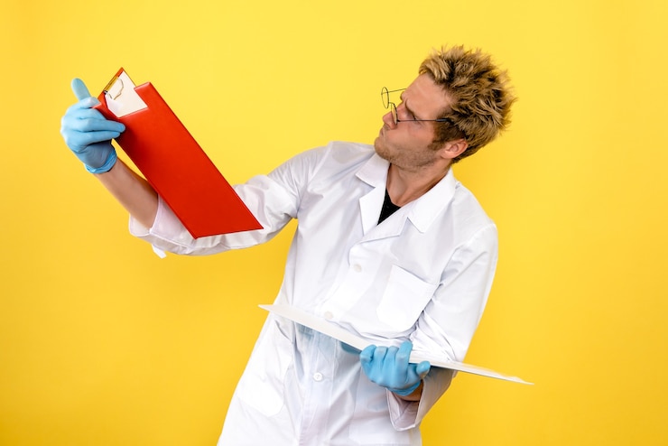 Gratis Foto vooraanzicht mannelijke arts met analyses op gele achtergrondgezondheid covid menselijke dokter