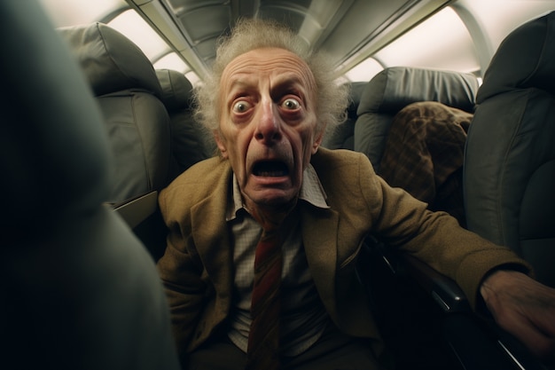 Vooraanzicht oude man ervaart angst in het vliegtuig