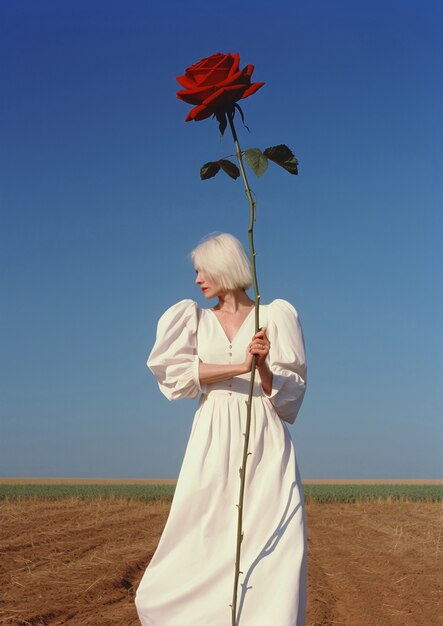 Vooraanzicht senior vrouw poseren met roos
