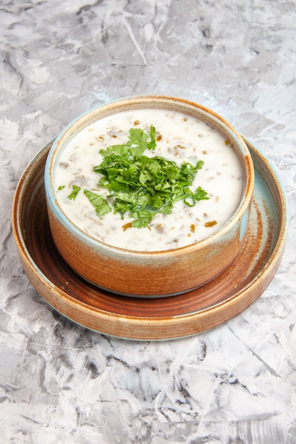 Vooraanzicht smakelijke dovga-yoghurtsoep met greens op een witte tafelmelkmaaltijdschotel