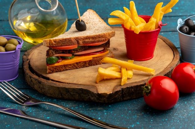 Vooraanzicht smakelijke toast sandwich met kaas ham binnen met olijven frietjes olie tomaten op blauw