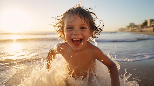 Vooraanzicht smiley jongen aan zee