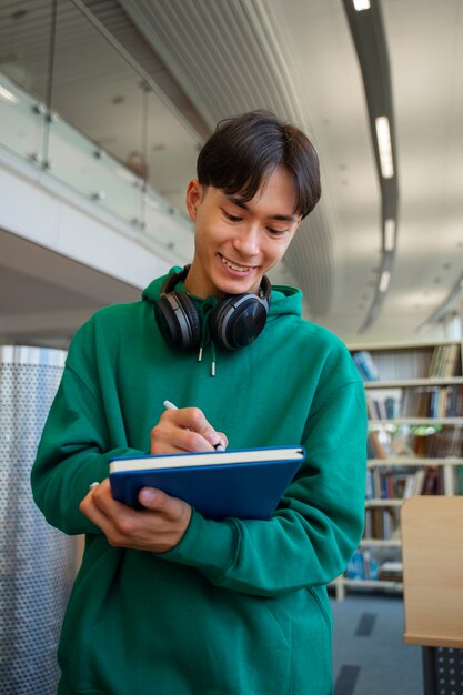 Vooraanzicht smiley student leren