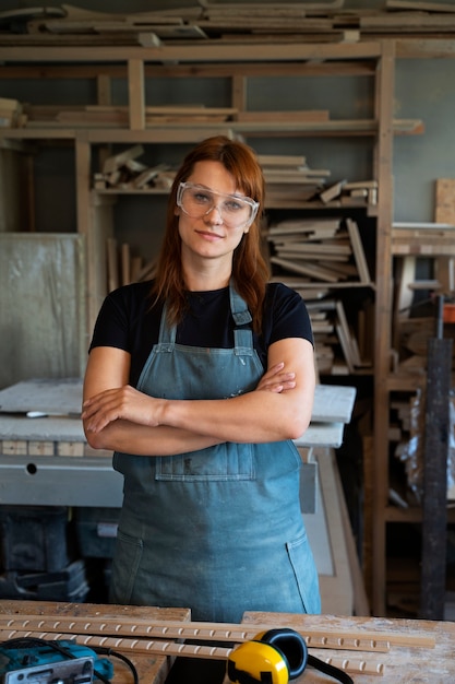 Gratis foto vooraanzicht smiley vrouw die een veiligheidsbril draagt