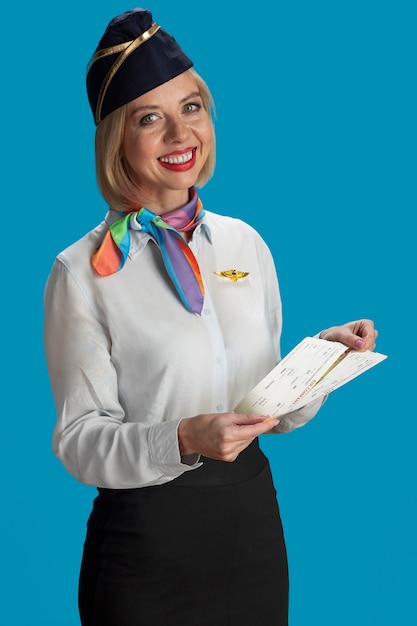 Vooraanzicht stewardess met kaartjes