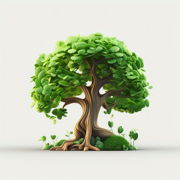 Vooraanzicht van 3D-boom met bladeren en stam