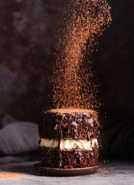 Gratis foto vooraanzicht van cake met cacaopoeder gezeefd bovenop