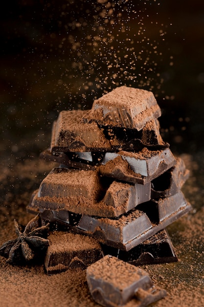 Vooraanzicht van chocolade met cacaopoeder