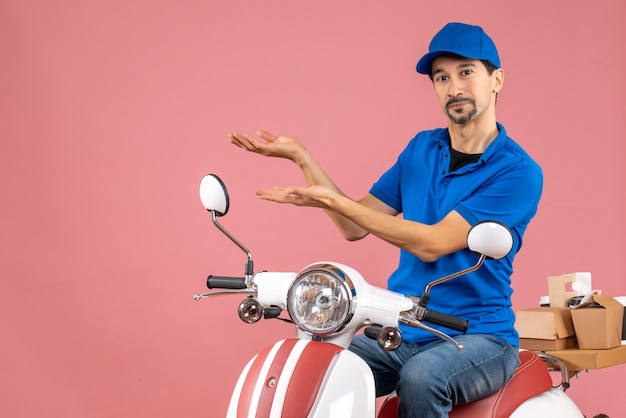 Vooraanzicht van een trotse koeriersman met een hoed die op een scooter zit op een pastelkleurige perzikachtergrond