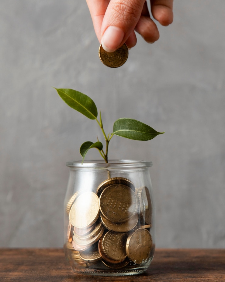 Gratis Foto vooraanzicht van hand munt toe te voegen aan pot met plant en andere munten