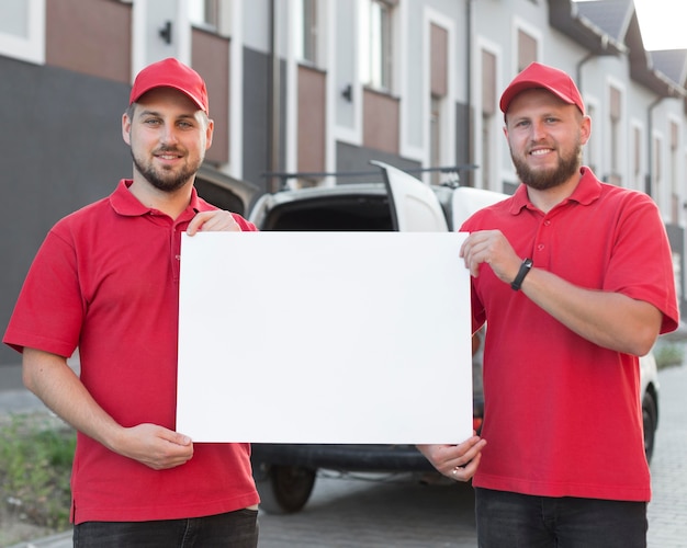 Gratis foto vooraanzicht van het concept van de bezorger met exemplaarruimte