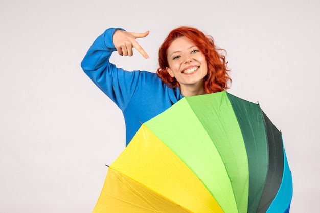 Gratis foto vooraanzicht van jong wijfje met kleurrijke paraplu op witte muur