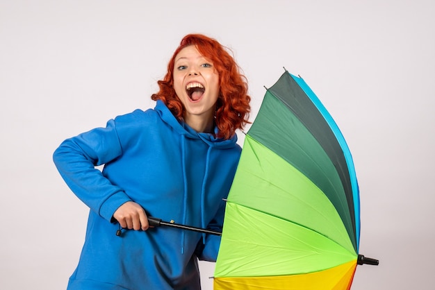 Gratis foto vooraanzicht van jong wijfje met kleurrijke paraplu op witte muur