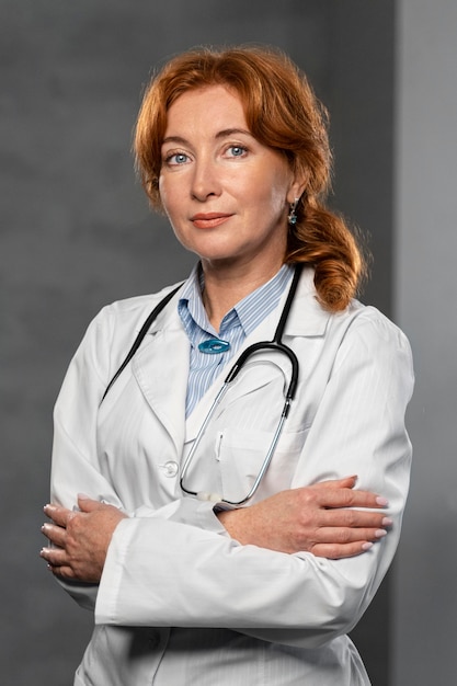 Vooraanzicht van vrouwelijke arts met een stethoscoop poseren