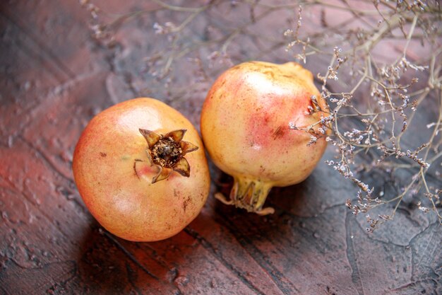 Vooraanzicht verse granaatappels gedroogde wilde bloementak op donkerrode geïsoleerde achtergrond