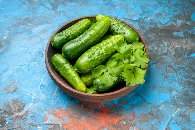 Vooraanzicht verse komkommers binnen plaat op blauwe achtergrond rijp voedsel maaltijd kleur salade