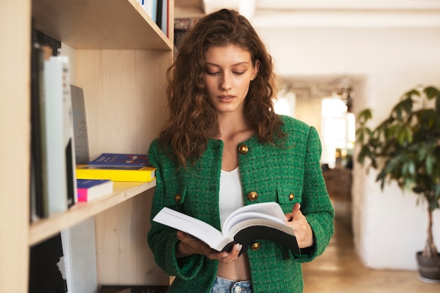 Gratis foto vooraanzicht vrouw binnen lezen