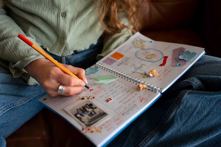 Gratis Foto vooraanzicht vrouw die creatieve journaling doet