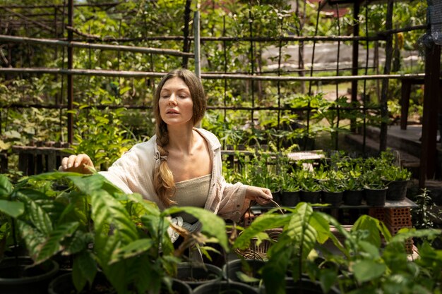 Vooraanzicht vrouw die planten controleert