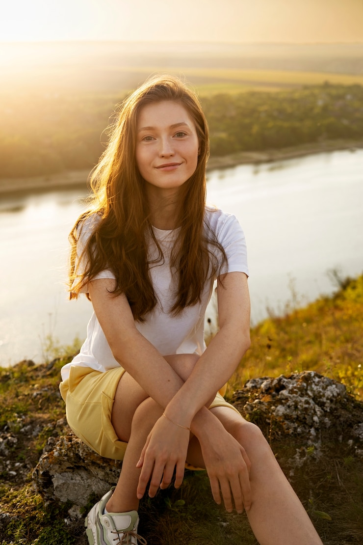 Gratis Foto vooraanzicht vrouw die zich voordeed bij zonsondergang