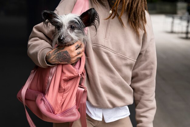 Vooraanzicht vrouw met puppy in tas