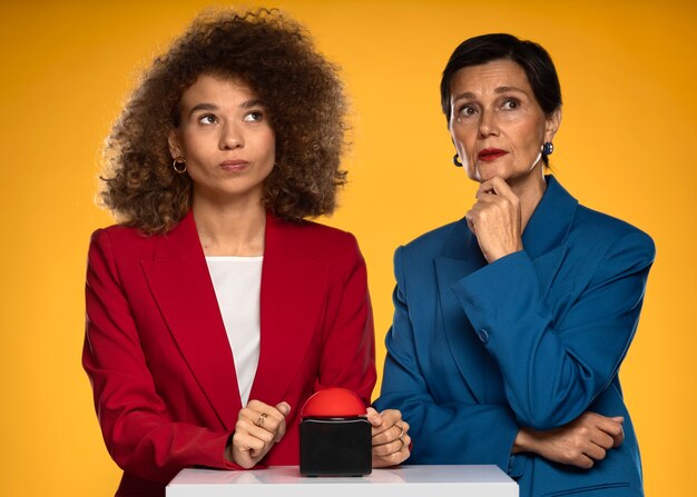 Vooraanzicht vrouwen denken op de show