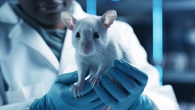 Vooraanzicht wetenschapper die rat vasthoudt