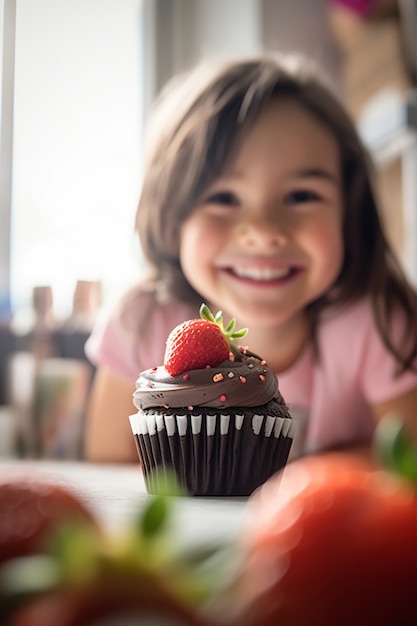 Gratis foto vooraanzichtmeisje met heerlijke cupcake