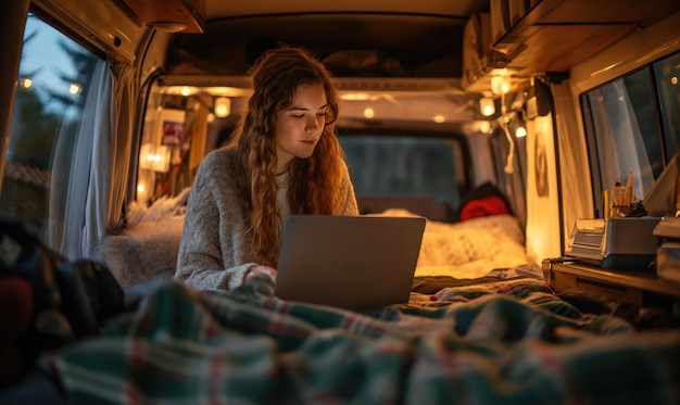 Gratis foto vooraanzichtvrouw die als digitale nomade leeft