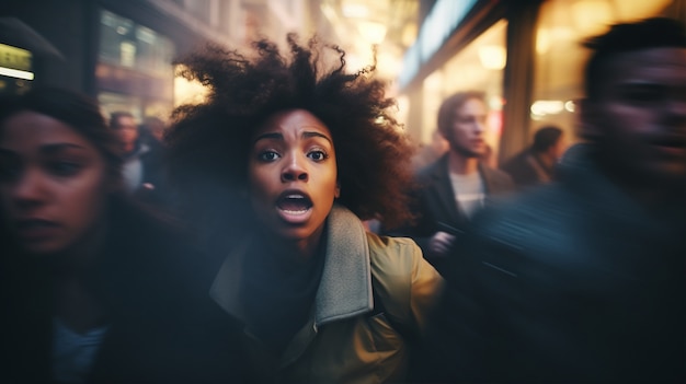 Gratis foto vooraanzichtvrouw die angst ervaart in een menigte