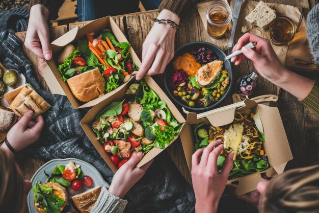 Vooraf voorbereid voedsel met lekkere, klaar te eten maaltijden onderweg