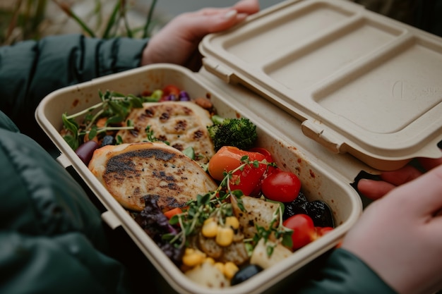 Vooraf voorbereid voedsel met lekkere, klaar te eten maaltijden onderweg