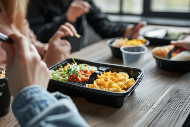 Vooraf voorbereid voedsel met lekkere, klaar te eten maaltijden onderweg