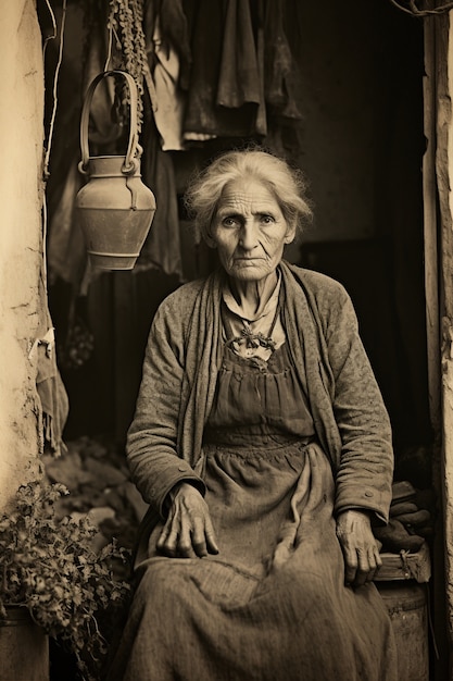 Voorbeeld oude vrouw die een vintage portret poseert