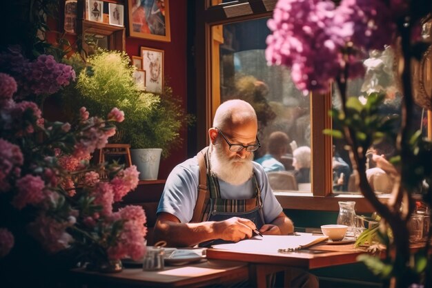 Voorjaarsportret van een man met bloeiende bloemen