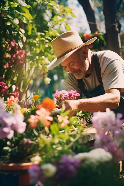 Voorjaarsportret van een man met bloeiende bloemen