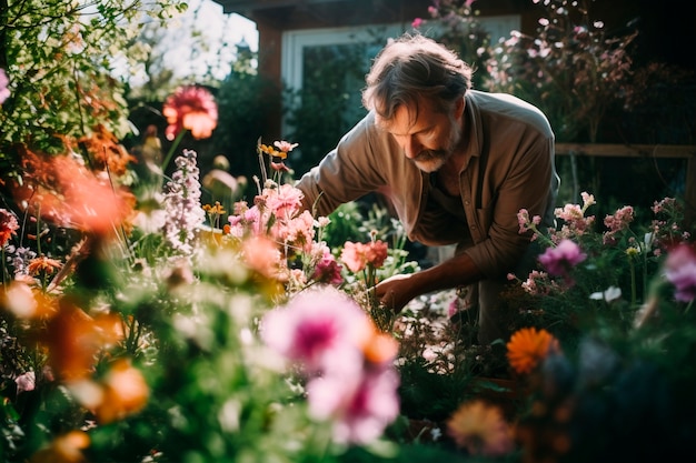 Gratis foto voorjaarsportret van een man met bloeiende bloemen