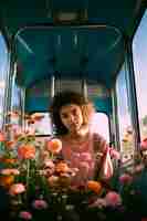Gratis foto voorjaarsportret van een vrouw met bloeiende bloemen