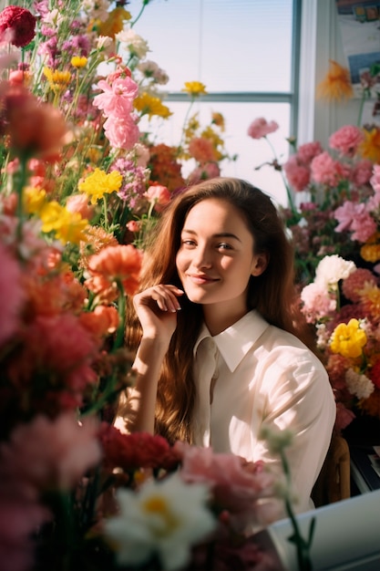 Gratis foto voorjaarsportret van een vrouw met bloeiende bloemen