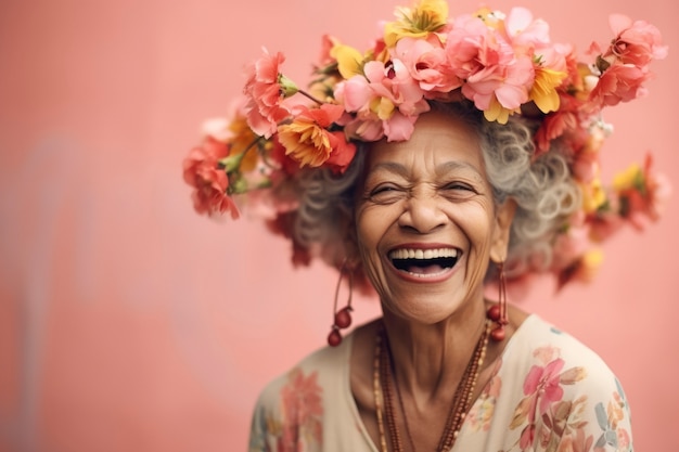 Vooruitzicht oude vrouw poseert met prachtige bloemen