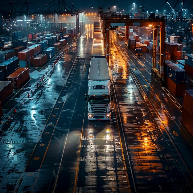 Vrachtwagen- en logistieke operatie bij zonsondergang