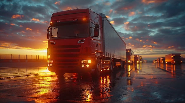 Vrachtwagen- en logistieke operaties bij zonsondergang